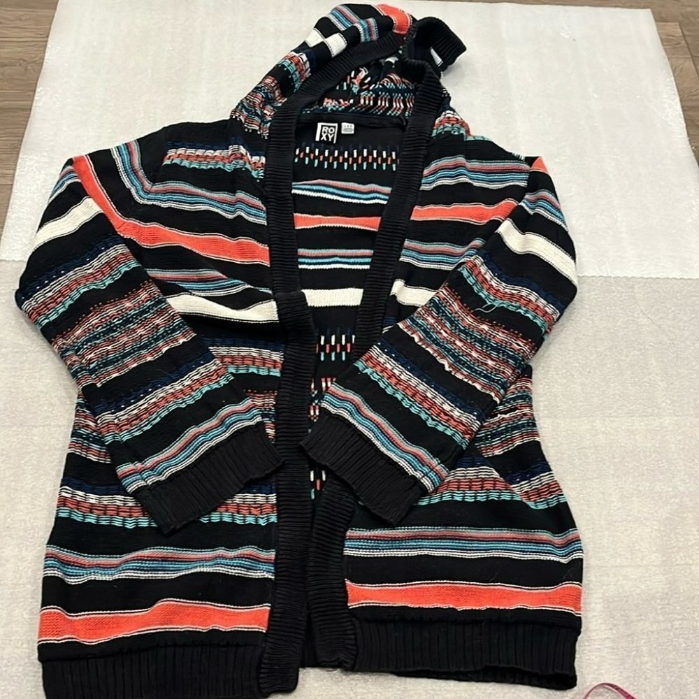 Roxy Striped Hooded Cardigan Sweater - Black, Coral, Teal, Cream